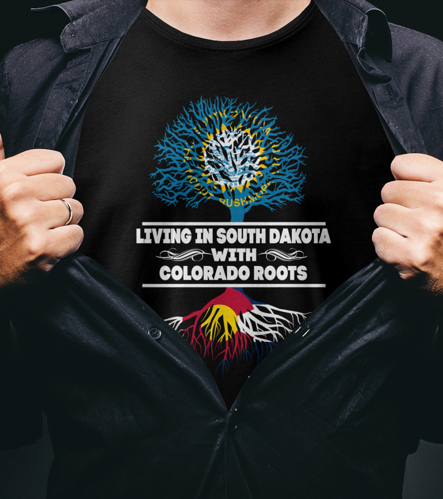 Living In South Dakota With Colorado Roots Tree With Nature Motif And Colorado Flag Colors T-Shirt
