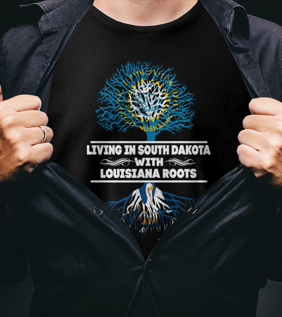 Living In South Dakota With Louisiana Roots Tree Design Featuring Pelican And Sun Elements T-Shirt