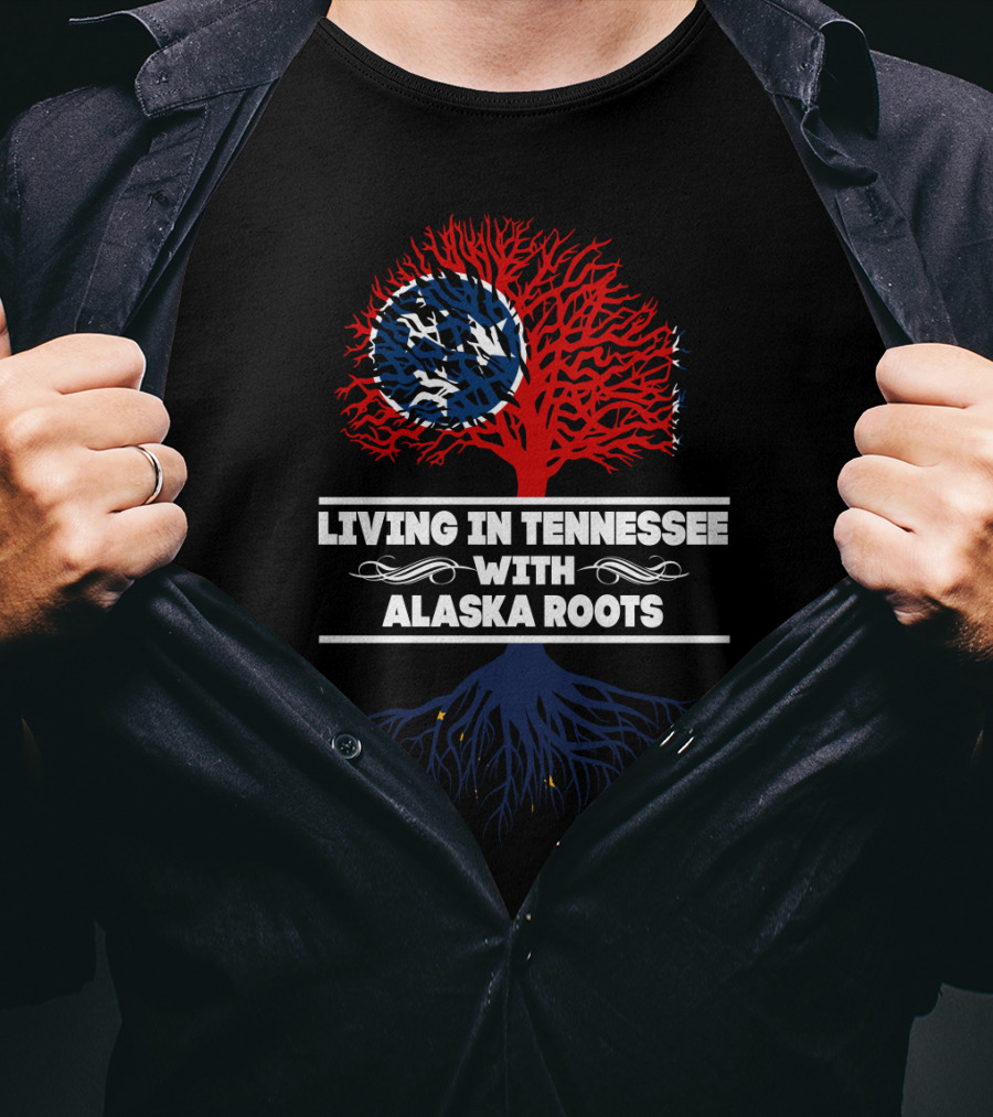 Living In Tennessee With Alaska Roots Red And Blue Tree With State Flags T-Shirt