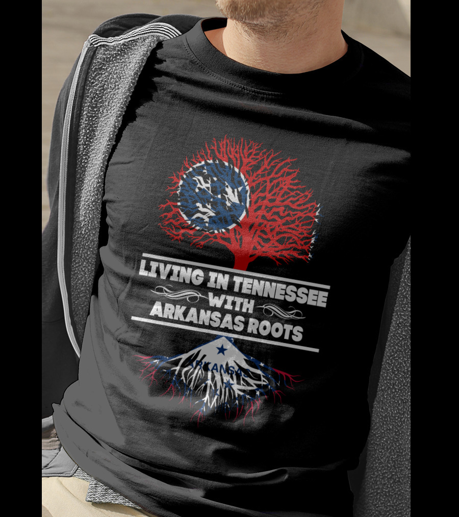 Tennessee Living With Arkansas Roots Red Tree Blue Roots Flag Motif T-Shirt