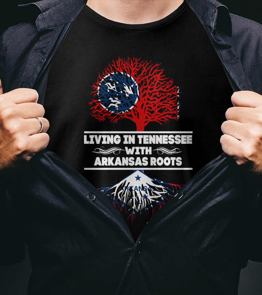 Tennessee Living With Arkansas Roots Red Tree Blue Roots Flag Motif T-Shirt