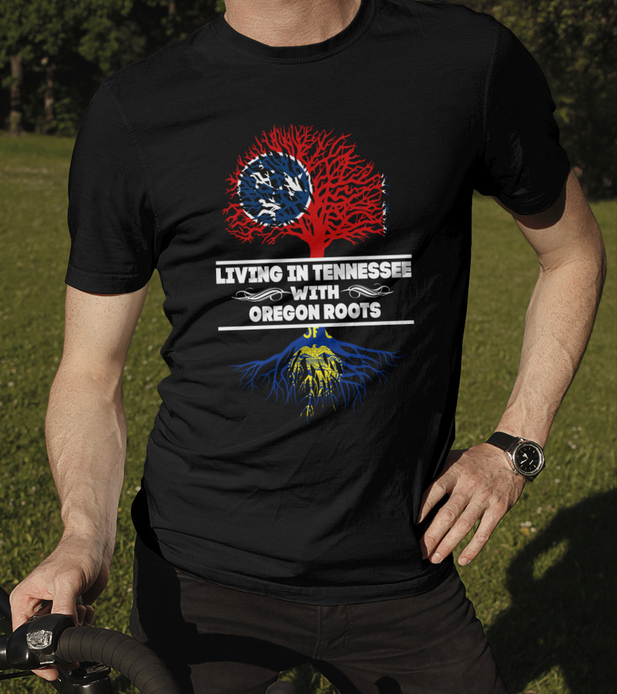 Living In Tennessee With Oregon Roots Tree Design Featuring State Symbols T-Shirt