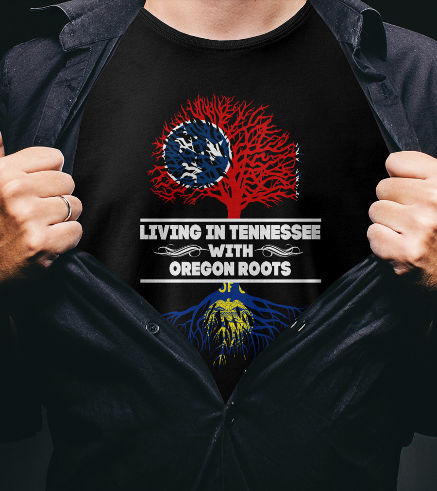 Living In Tennessee With Oregon Roots Tree Design Featuring State Symbols T-Shirt