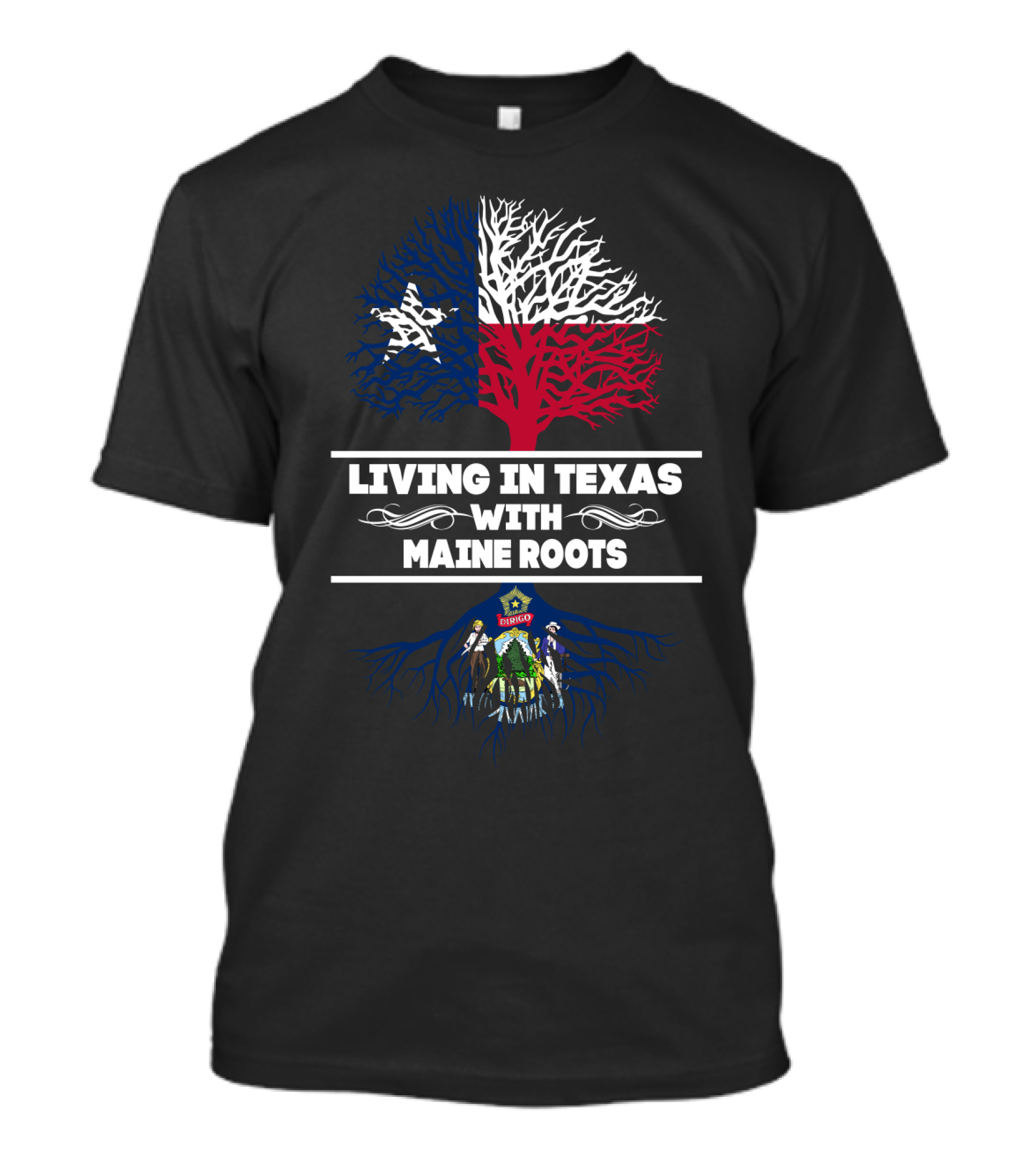Lone Star Tree With Maine State Seal - Living In Texas With Maine Roots T-Shirt