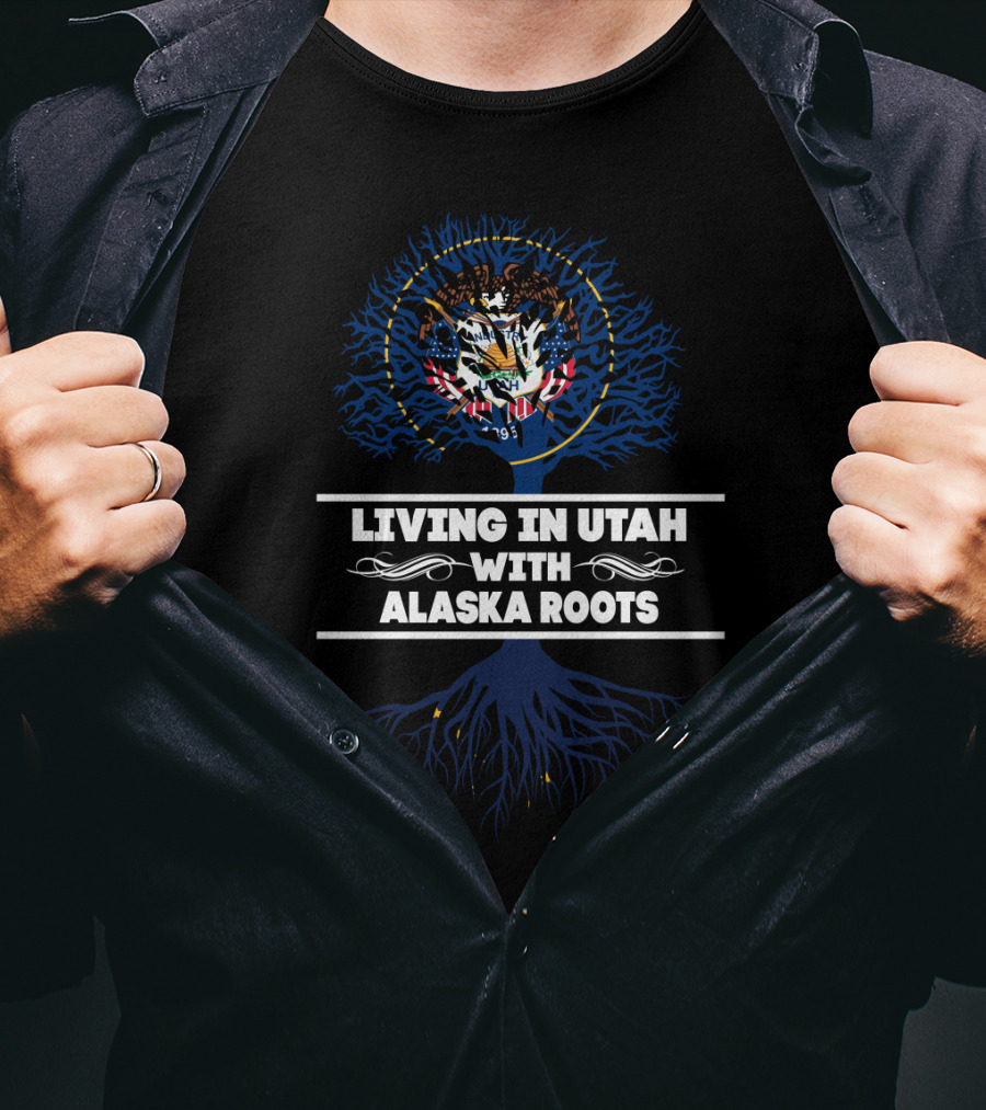 Utah State Emblem Over Blue Alaska Root Tree Living In Utah With ALASKA Roots T-Shirt