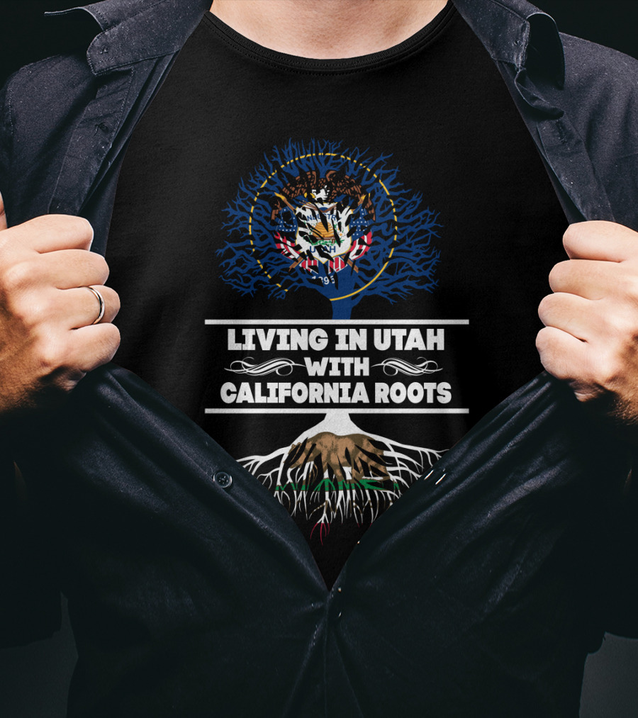 Utah State Emblem With California Flag Roots - Living In Utah With California Roots T-Shirt