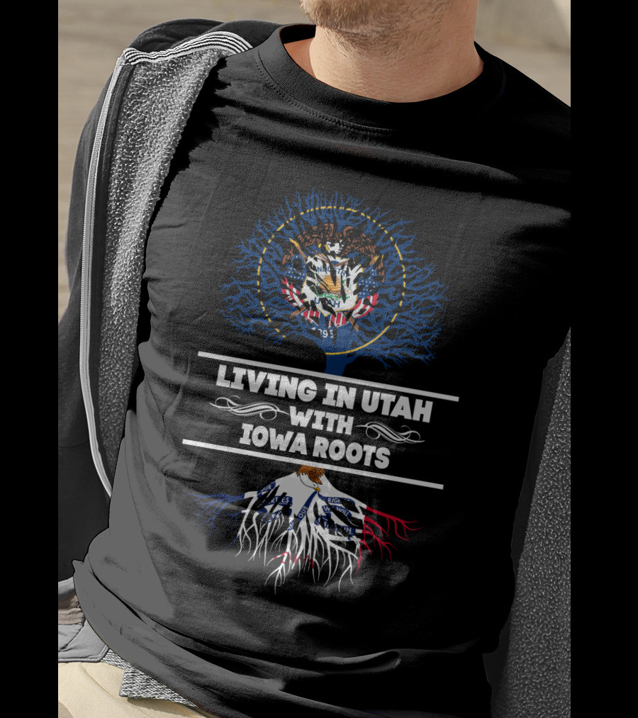 Utah State Emblem Above Iowa Flag Roots Illustration Living In Utah With Iowa Roots T-Shirt