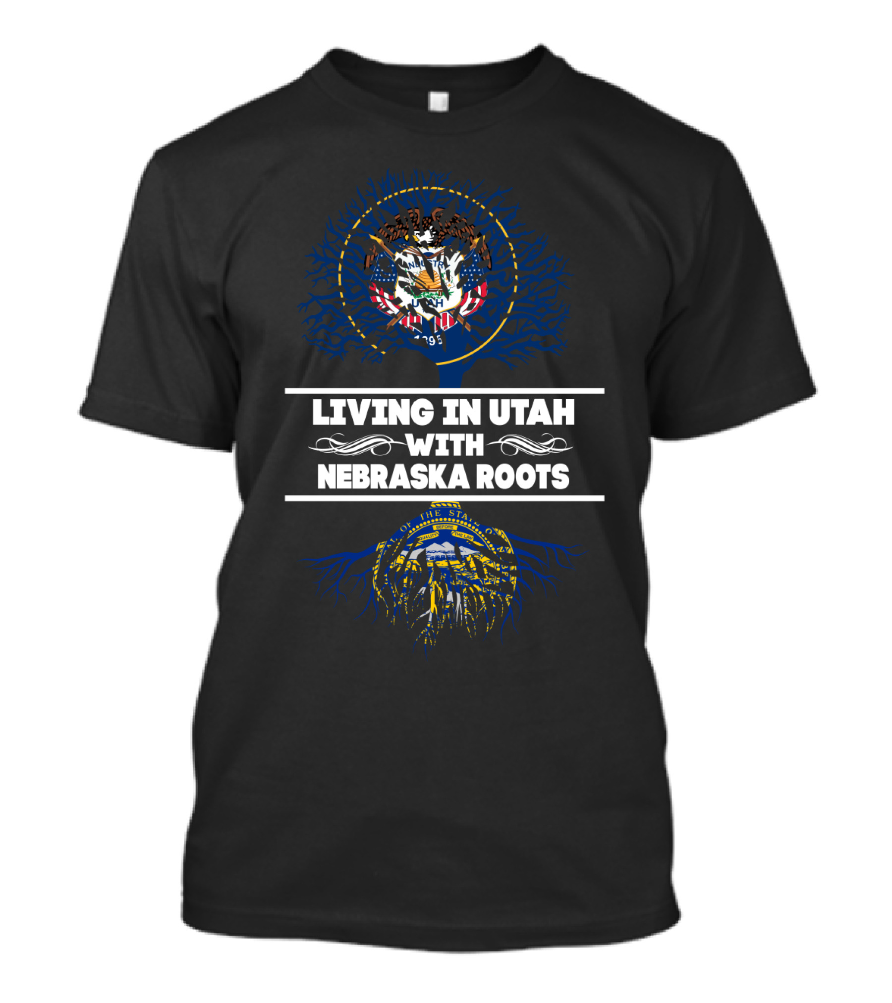 Utah Living Connected To Nebraska Heritage With State Seals And Tree Roots T-Shirt