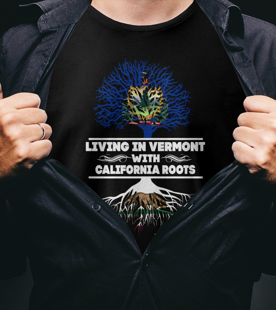 Vermont Tree Emblem Above California Roots Text T-Shirt