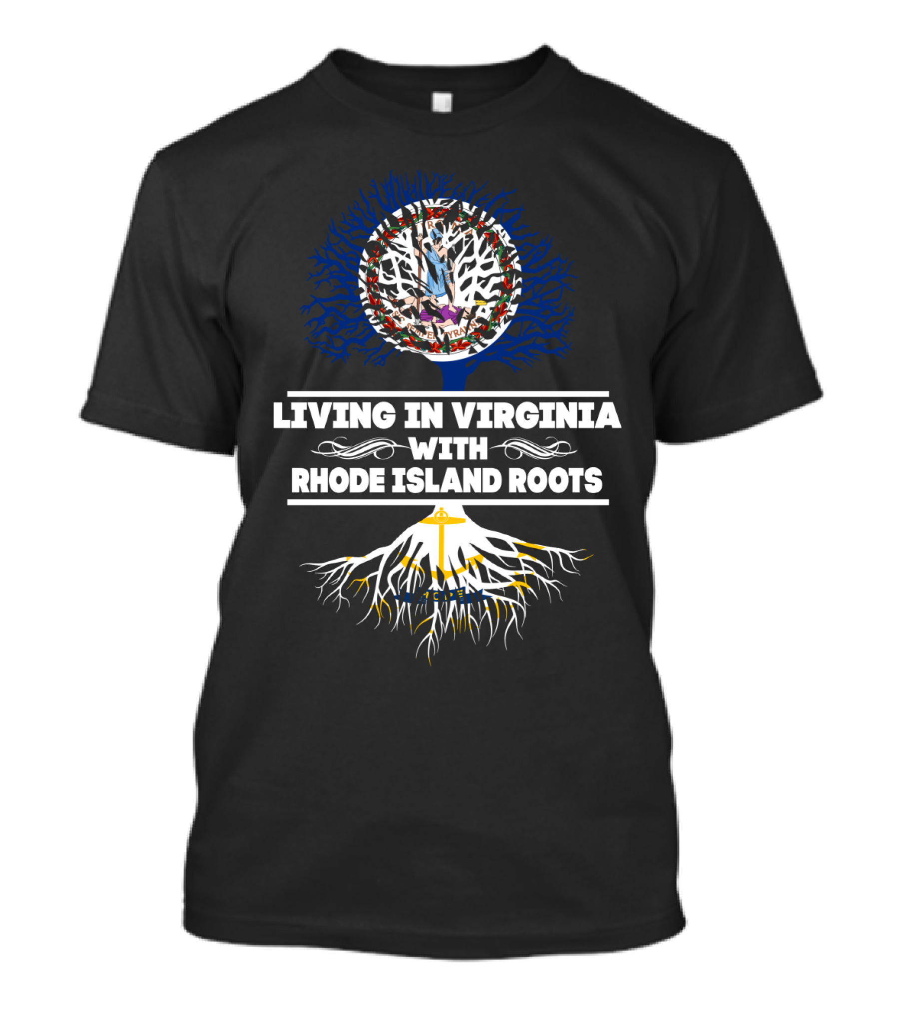 Living In Virginia With RHODE ISLAND Roots Tree Illustration Featuring State Flags T-Shirt