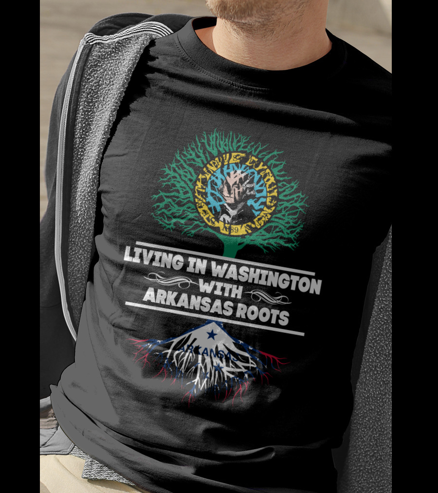 Living In Washington With Arkansas Roots Tree Design With Mount Rainier And Flag Elements T-Shirt