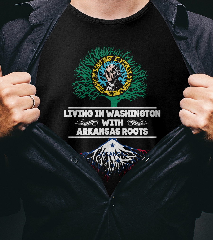 Living In Washington With Arkansas Roots Tree Design With Mount Rainier And Flag Elements T-Shirt