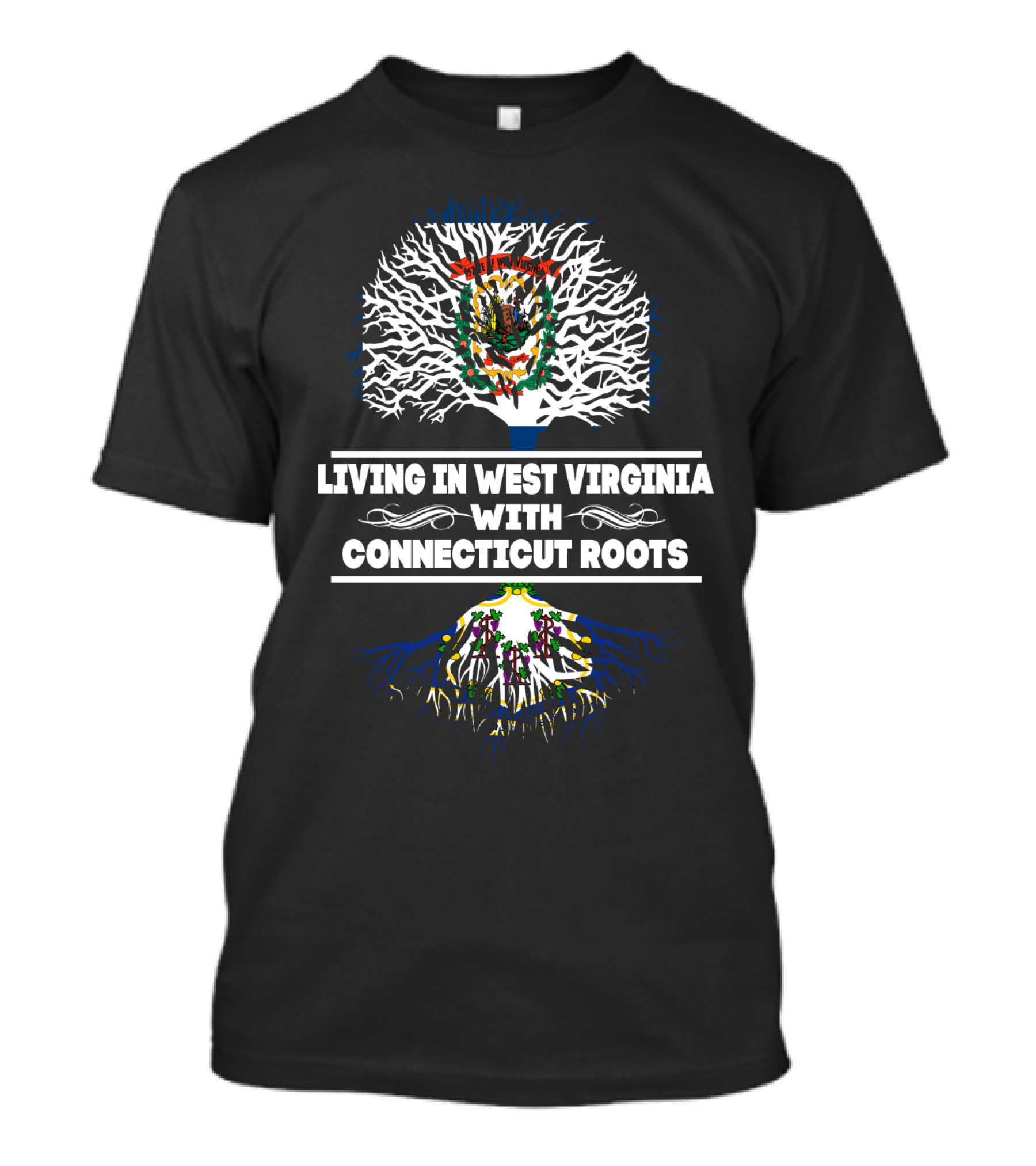 Living In West Virginia With Connecticut Roots Tree Design Featuring State Seals T-Shirt