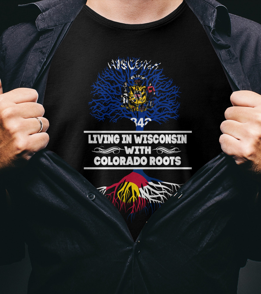 Wisconsin State Tree Shield With Colorado Flag Mountain Roots T-Shirt
