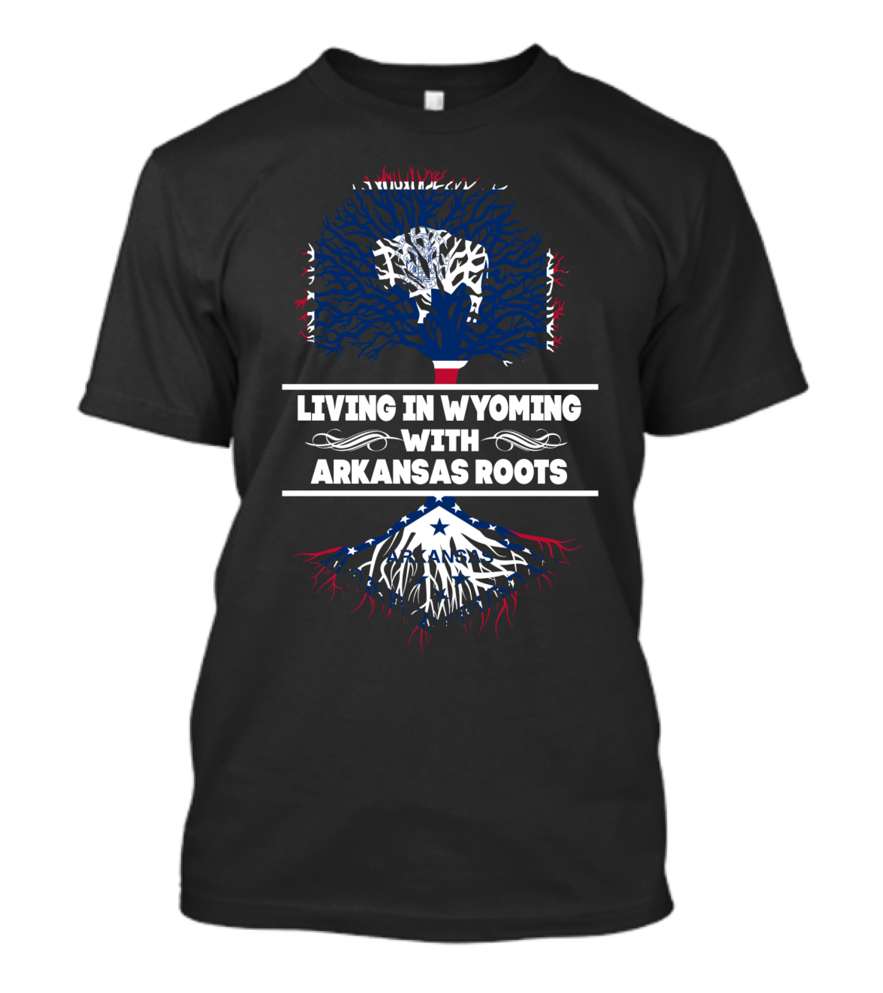 Living In Wyoming With Arkansas Roots Tree Graphic With State Flag Elements T-Shirt
