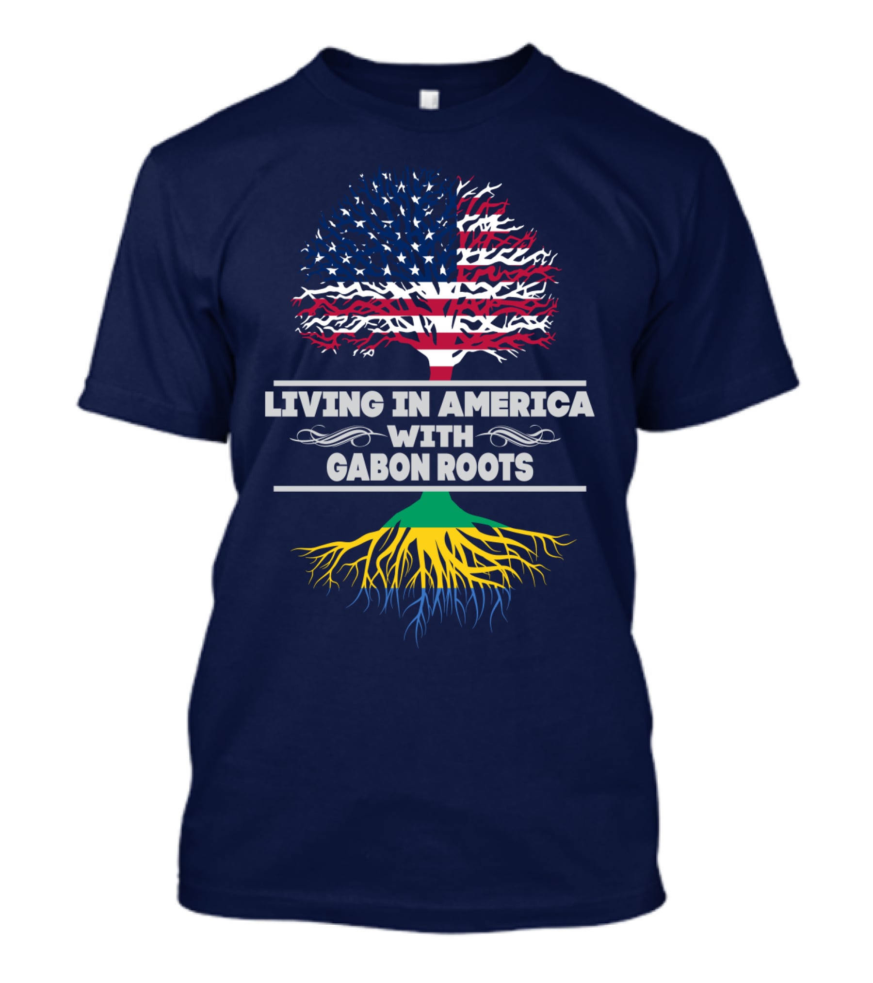 Living In America With Gabon Roots Tree Design Stars And Stripes Flag With Gabonese Colors T-Shirt