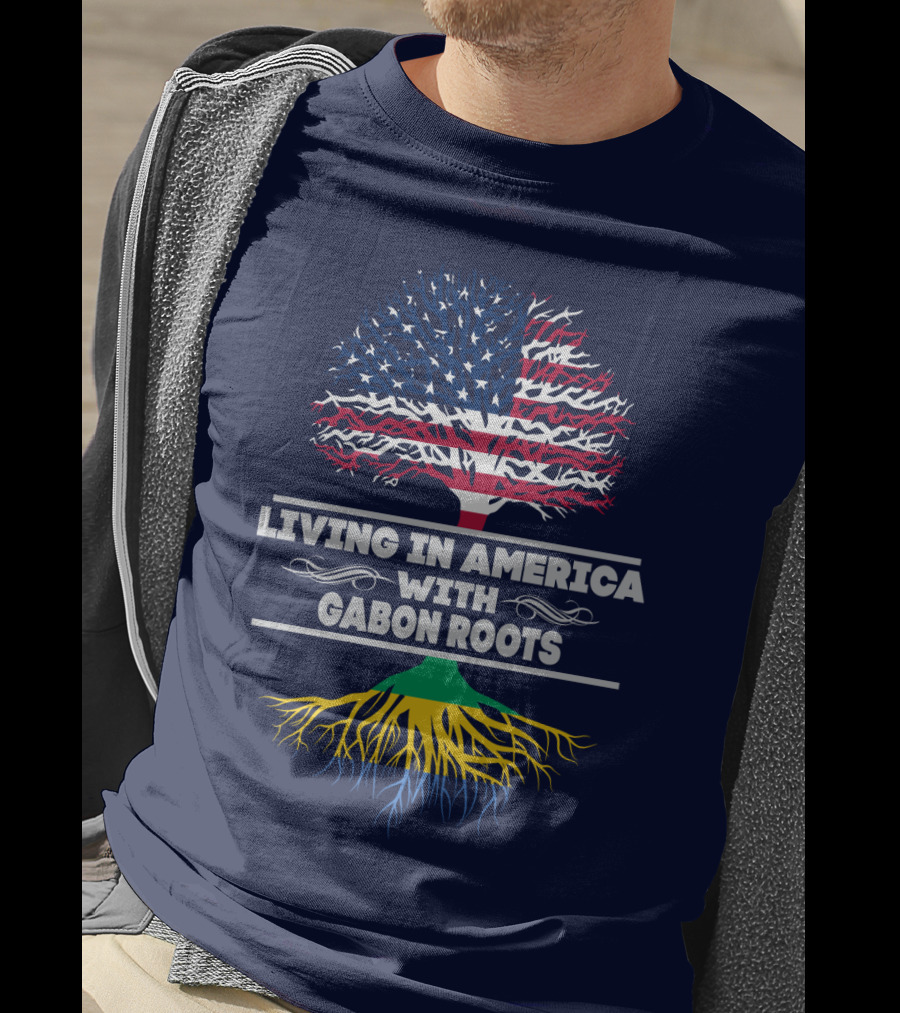 Living In America With Gabon Roots Tree Design Stars And Stripes Flag With Gabonese Colors T-Shirt