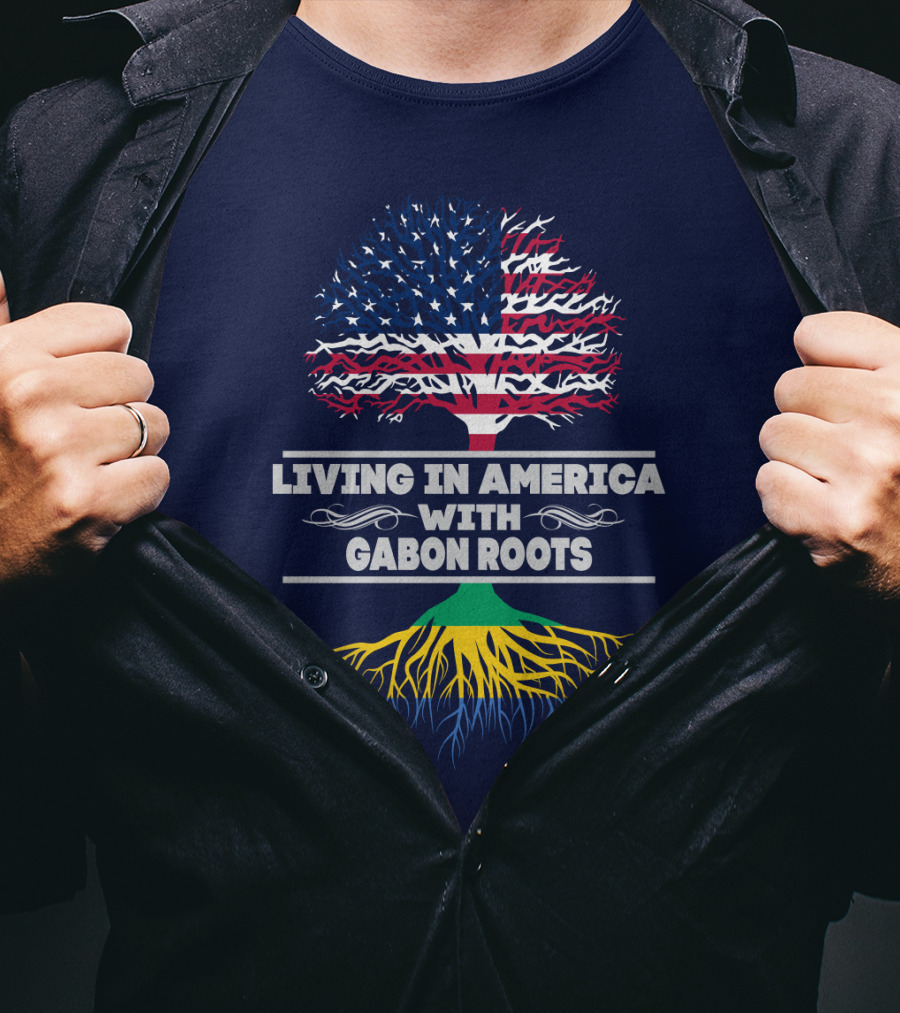 Living In America With Gabon Roots Tree Design Stars And Stripes Flag With Gabonese Colors T-Shirt