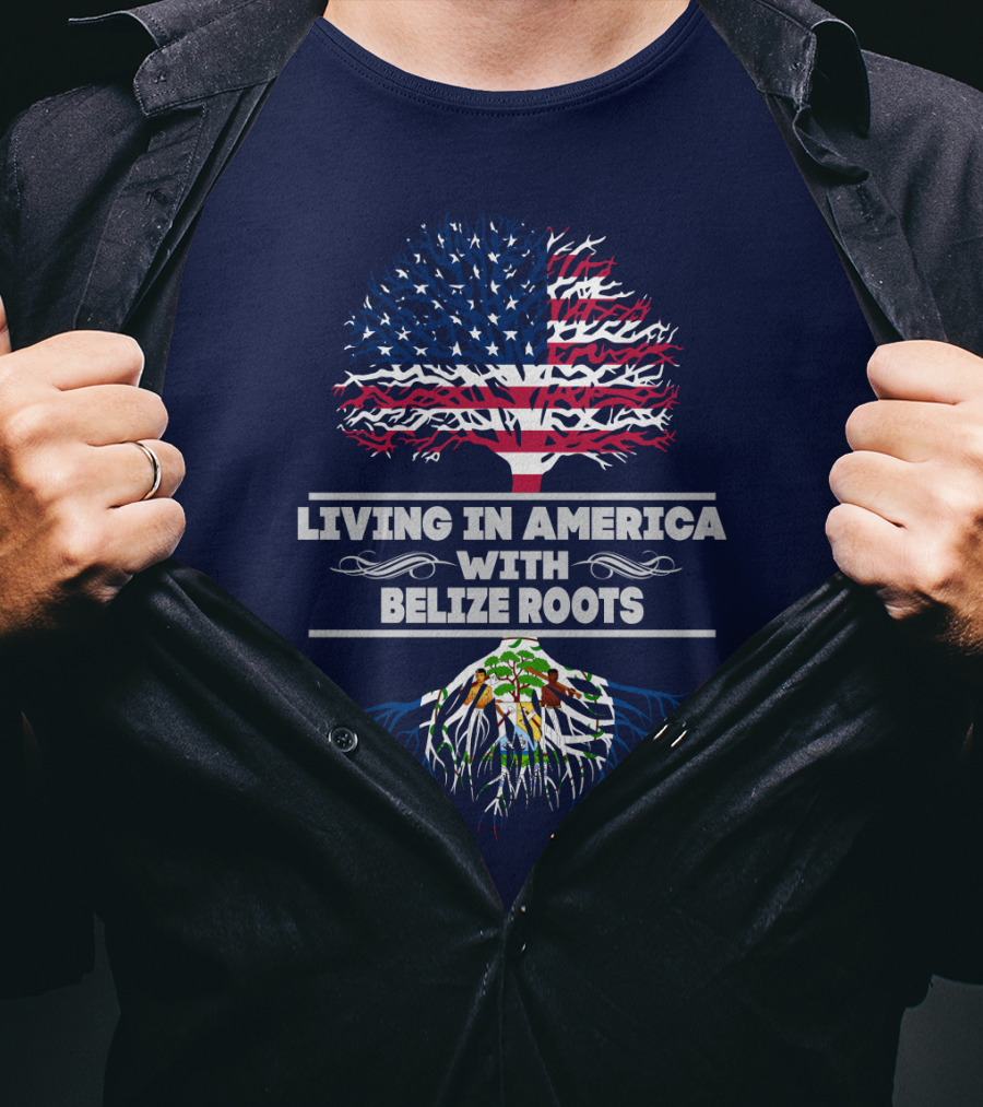 Living In America With Belize Roots Tree USA Flag T-Shirt