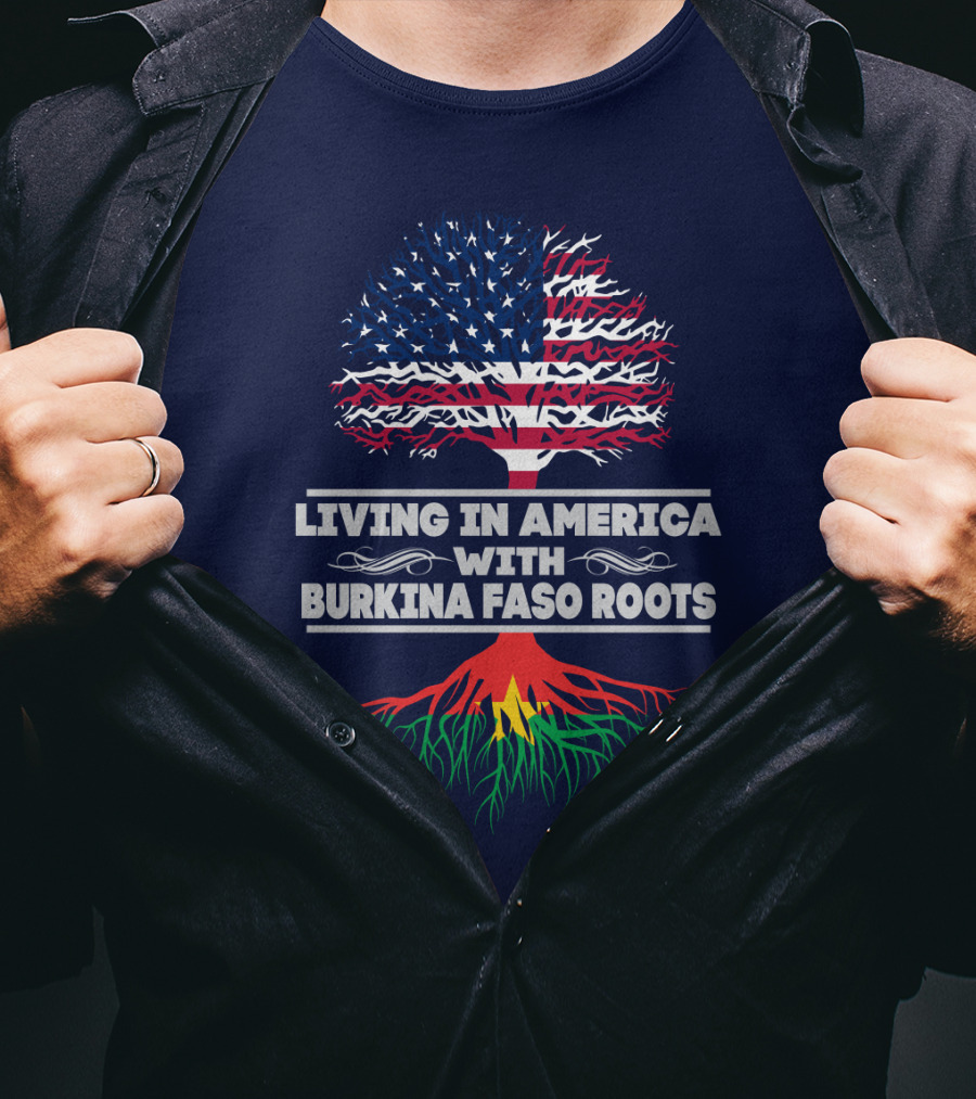 Living In America With Burkina Faso Roots USA Flag Tree T-Shirt