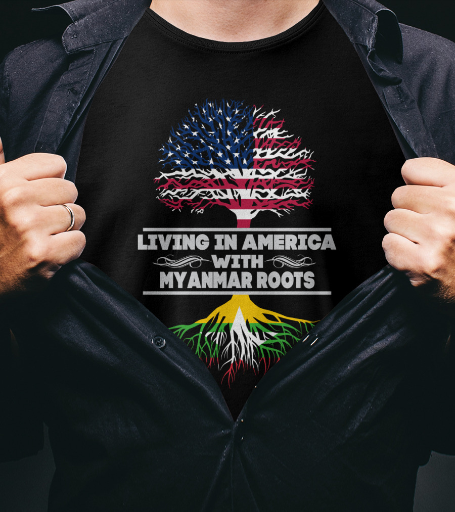 Living IN America With Myanmar Roots USA Myanmar Flag Tree T-Shirt