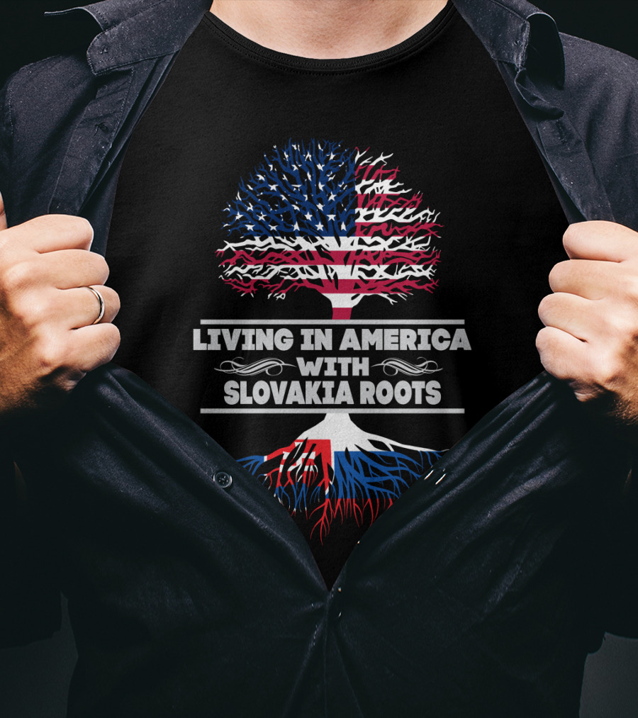 LIVING IN AMERICA WITH SLOVAKIA ROOTS American Flag Tree T-Shirt