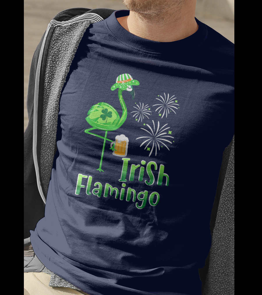 Irish Flamingo Drinking Beer St Patricks Day Shamrock Fireworks T-Shirt