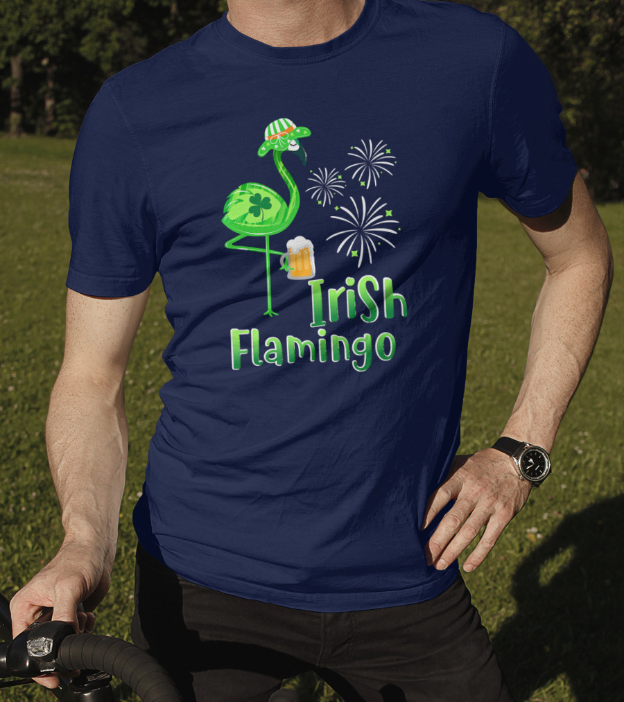 Irish Flamingo Drinking Beer St Patricks Day Shamrock Fireworks T-Shirt