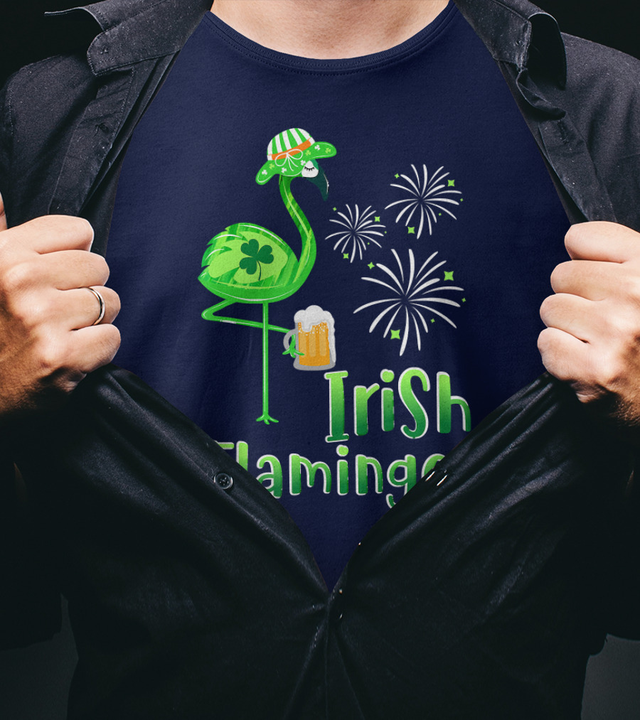 Irish Flamingo Drinking Beer St Patricks Day Shamrock Fireworks T-Shirt