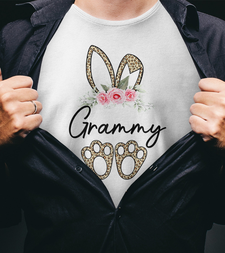 Grammy Easter Bunny Ears And Leopard Floral Paw Prints T-Shirt