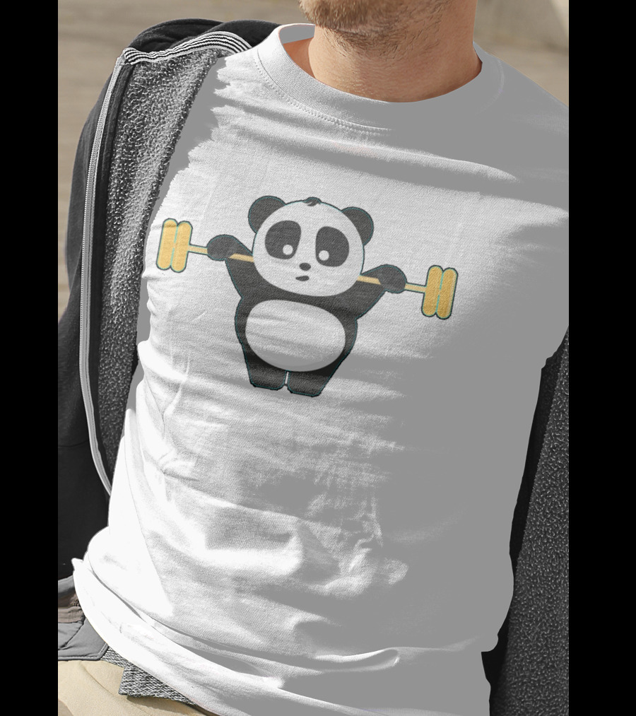 Cartoon Panda Lifting Yellow Barbell Wallpapers On T-Shirt