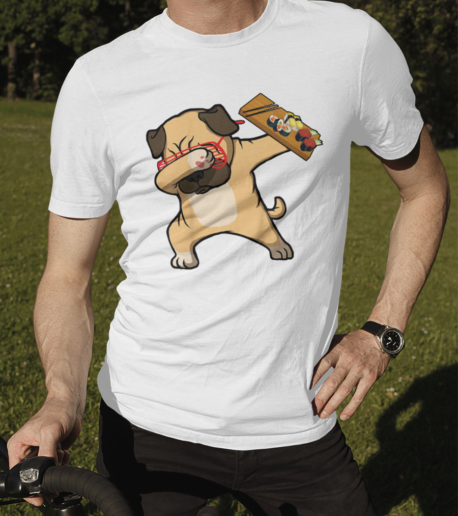 Dabbing Pug With Sushi Plate And Chopstick Glasses T-Shirt