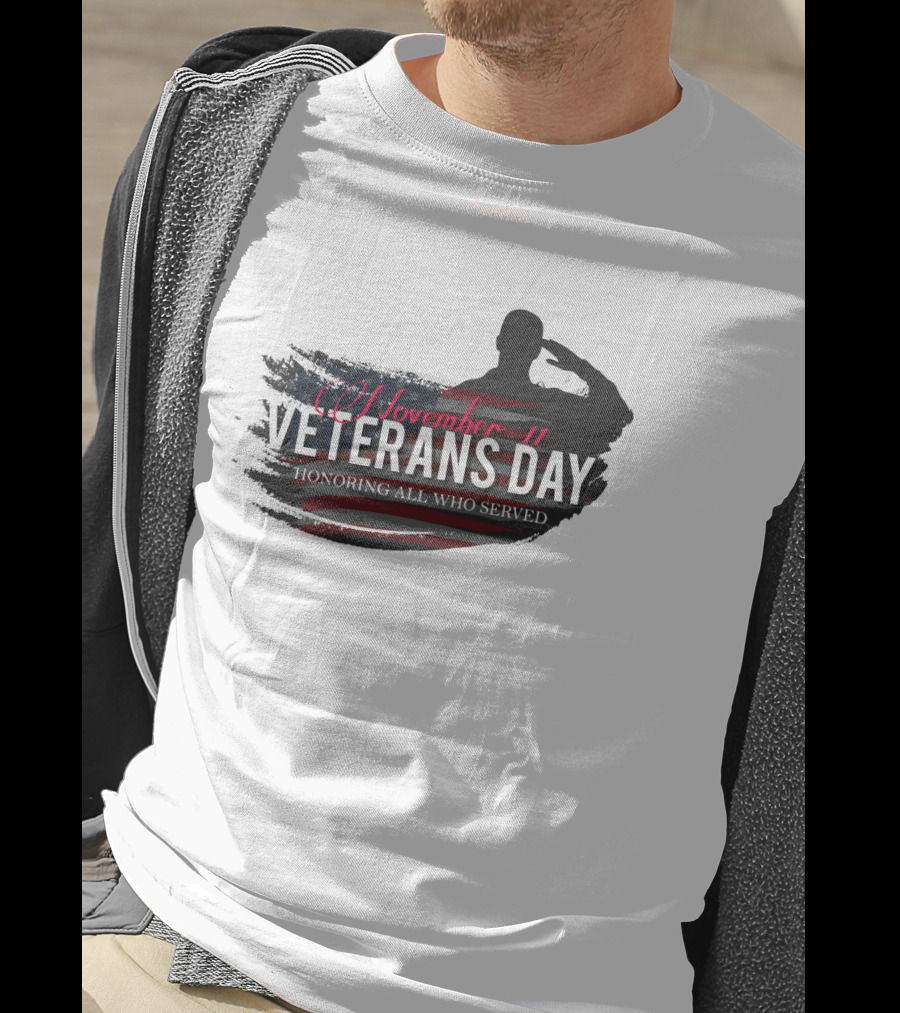 November 11 Veterans Day Honoring All Who Served With Saluting Silhouette And USA Flag Background T-Shirt