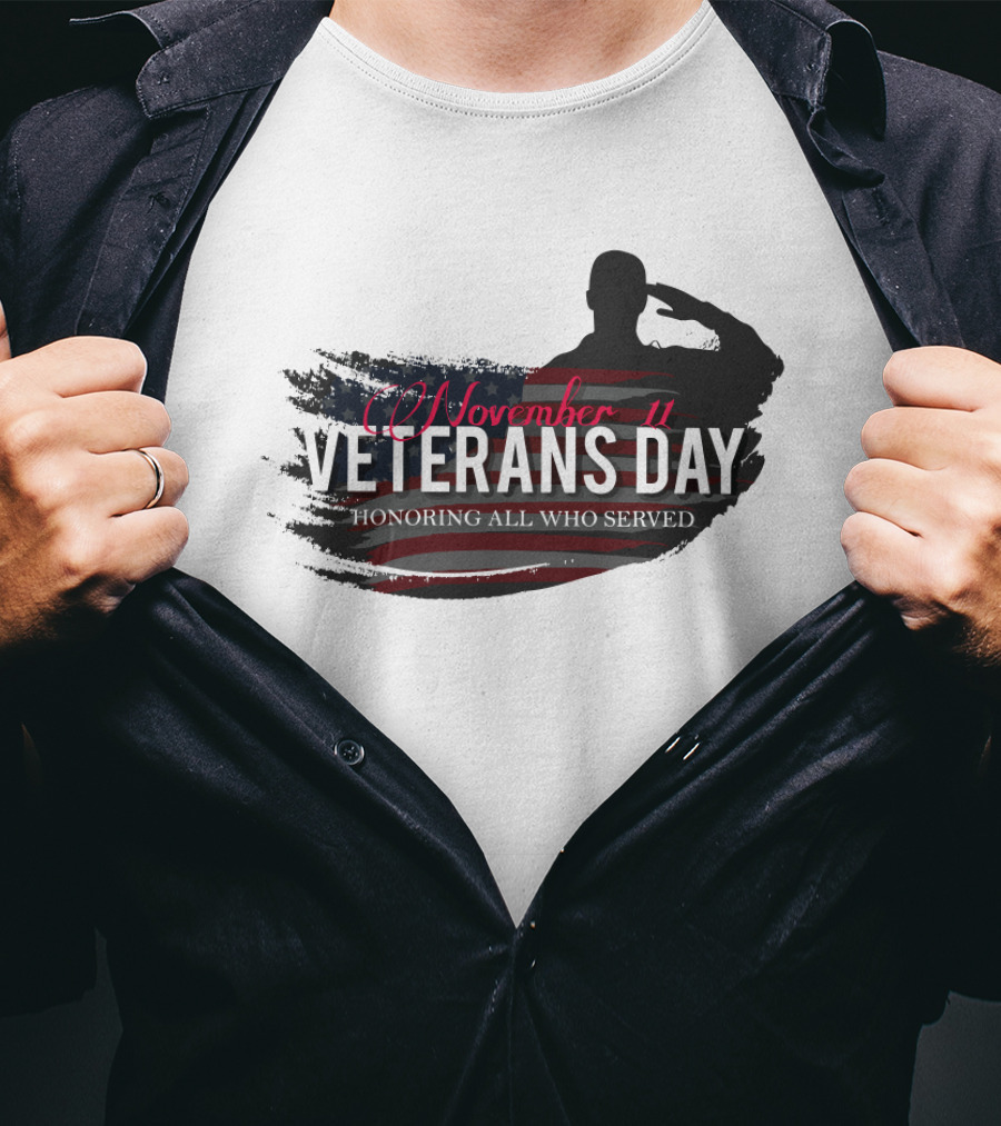 November 11 Veterans Day Honoring All Who Served With Saluting Silhouette And USA Flag Background T-Shirt