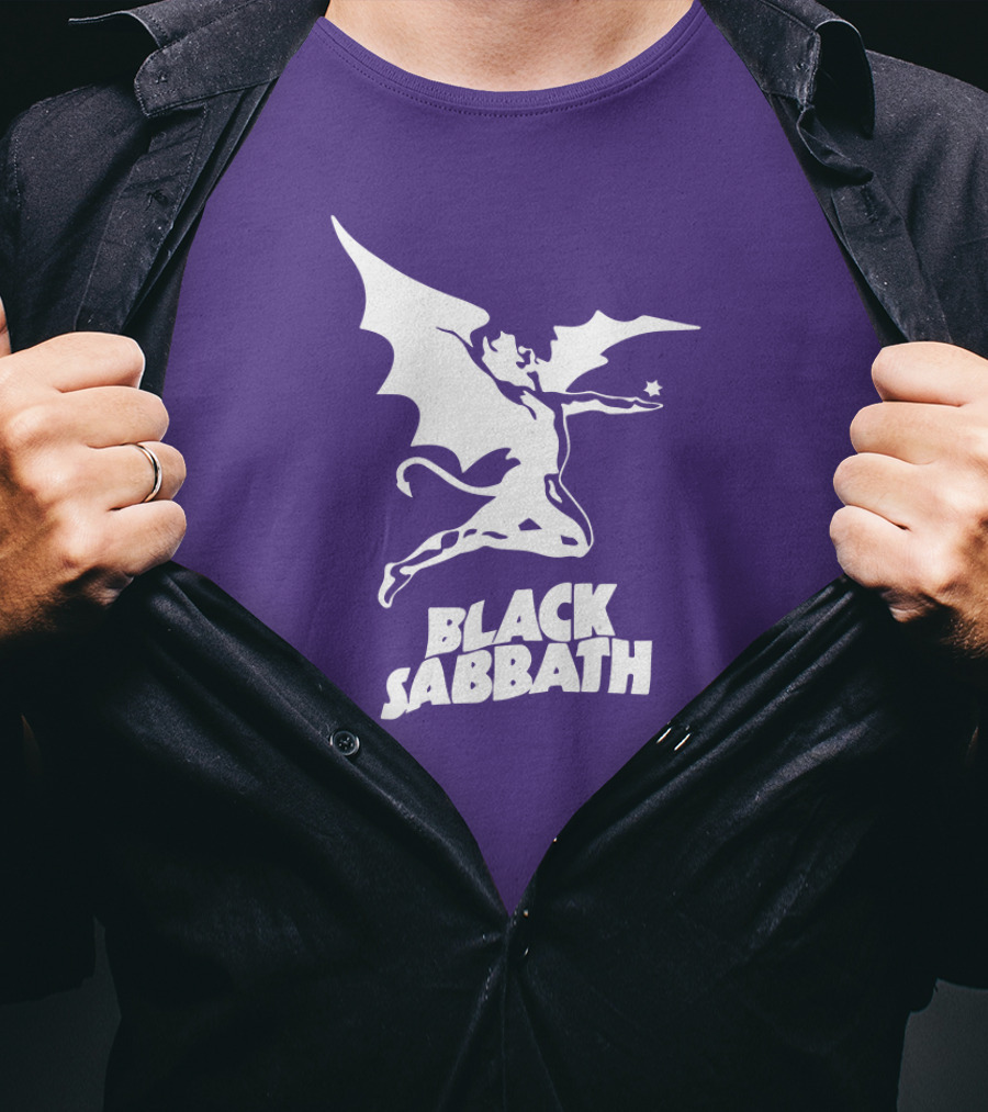 Black Sabbath Flying Devil Logo Purple Background T-Shirt