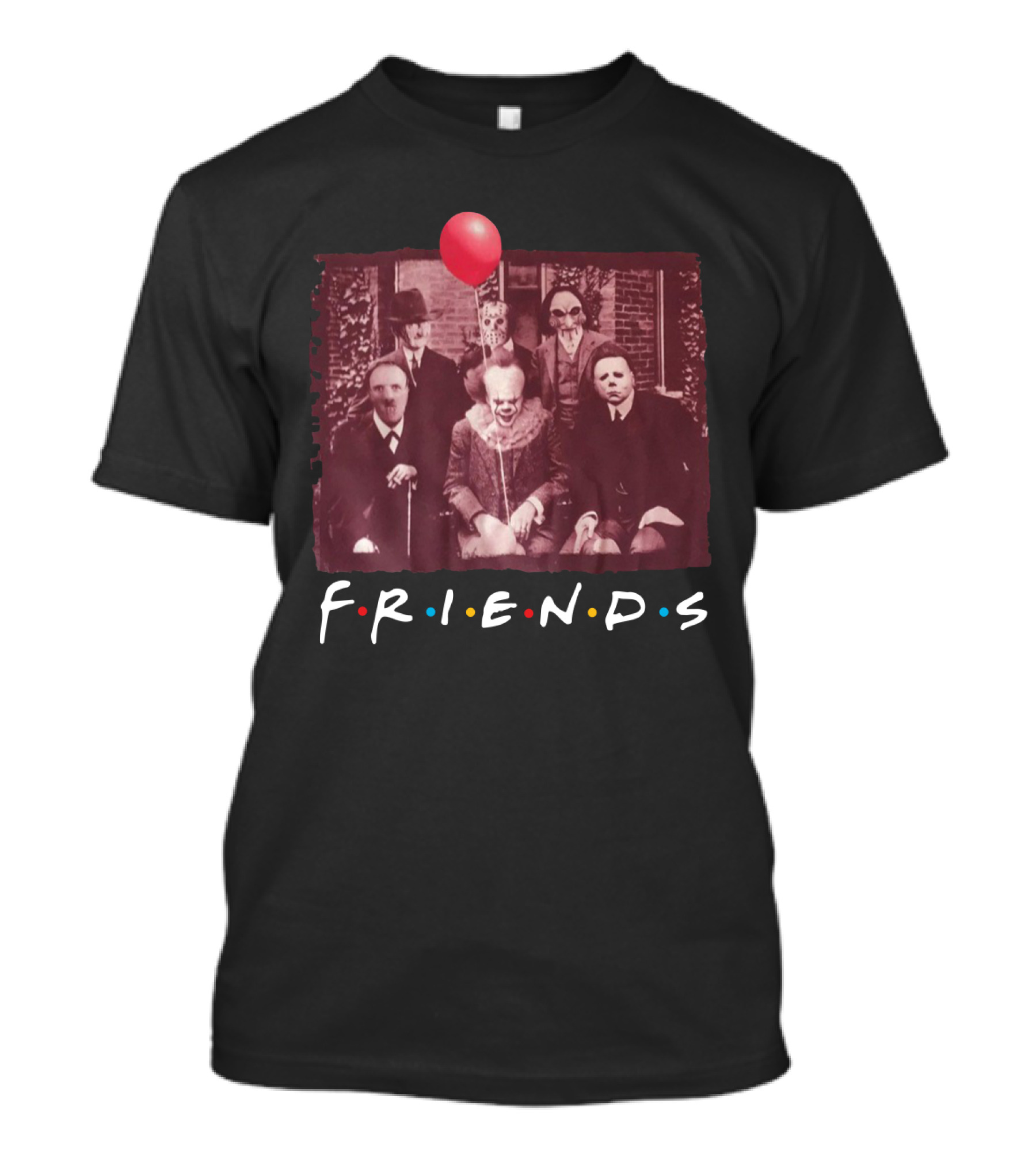 Pennywise Hannibal Lecter Michael Myers Freddy Krueger Jason Voorhees Billy Vintage Horror Friends Parody Balloon T-Shirt
