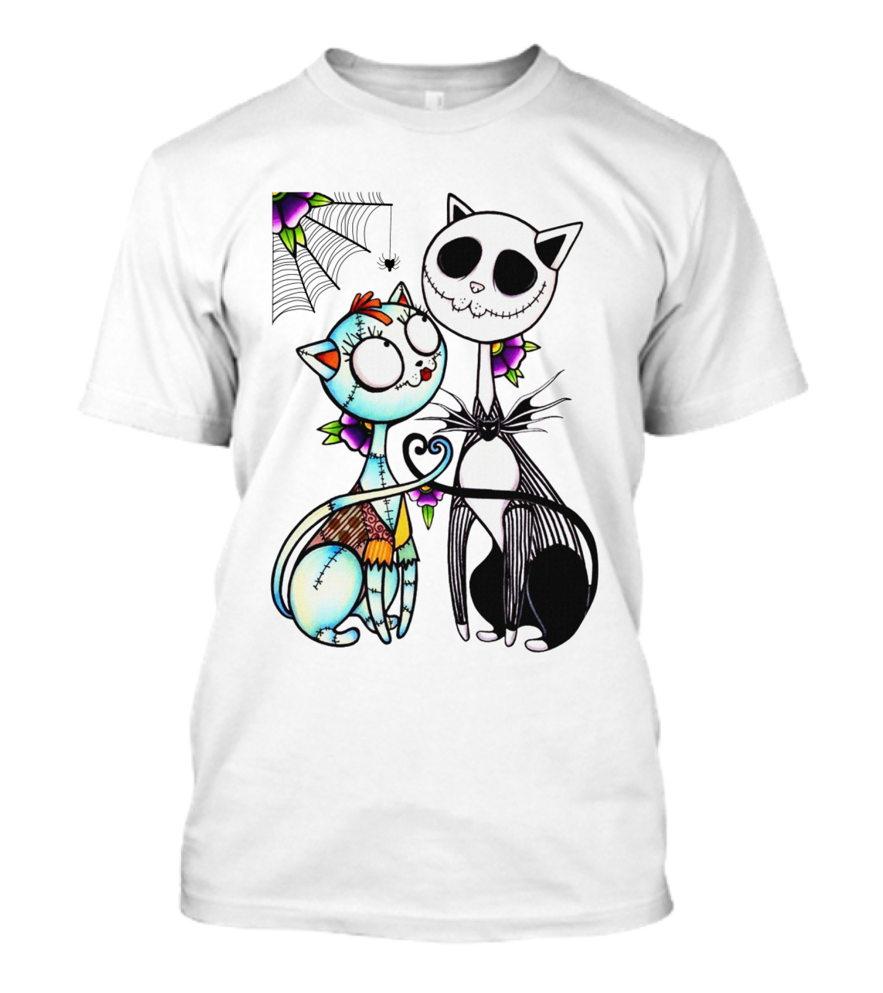Cat Version Of Jack Skellington And Sally With Spider Web And Flowers T-Shirt