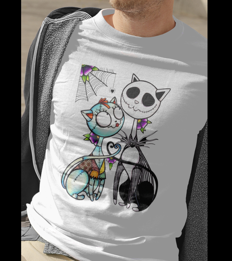 Cat Version Of Jack Skellington And Sally With Spider Web And Flowers T-Shirt