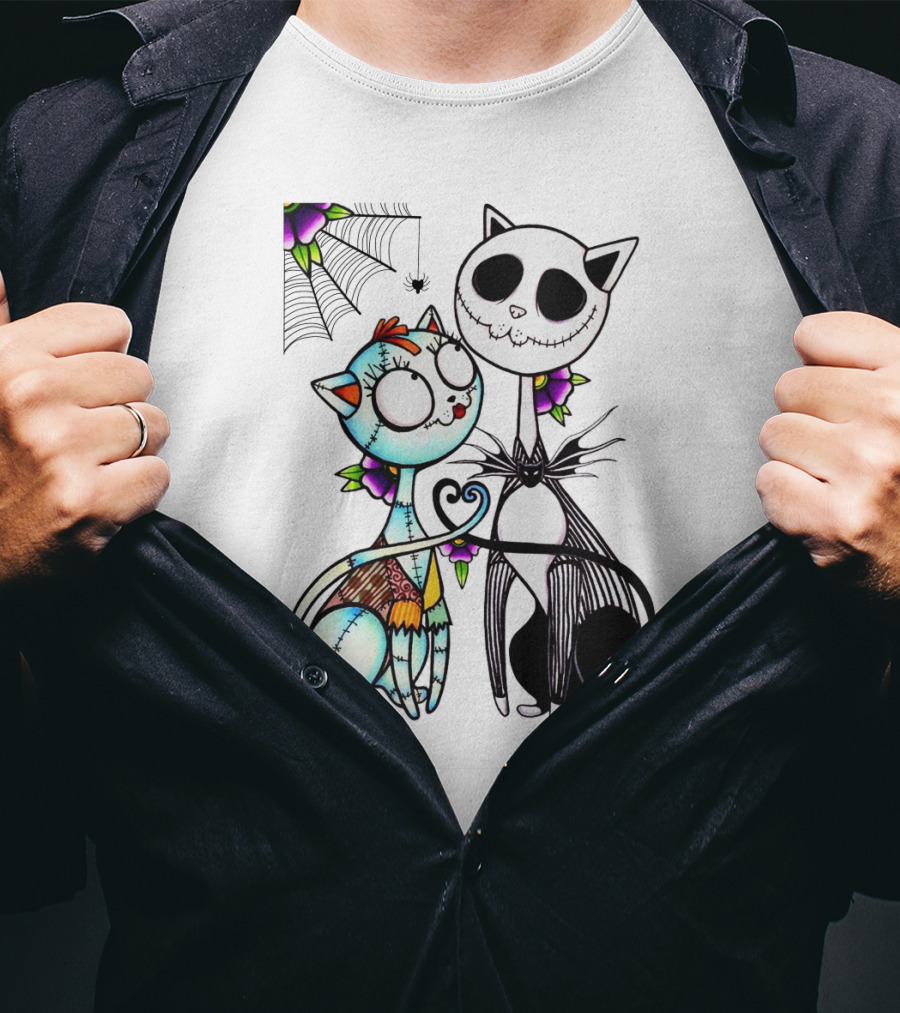 Cat Version Of Jack Skellington And Sally With Spider Web And Flowers T-Shirt