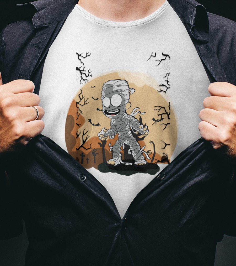 Halloween Zombies Mummy With Moon Tombs And Spooky Trees T-Shirt