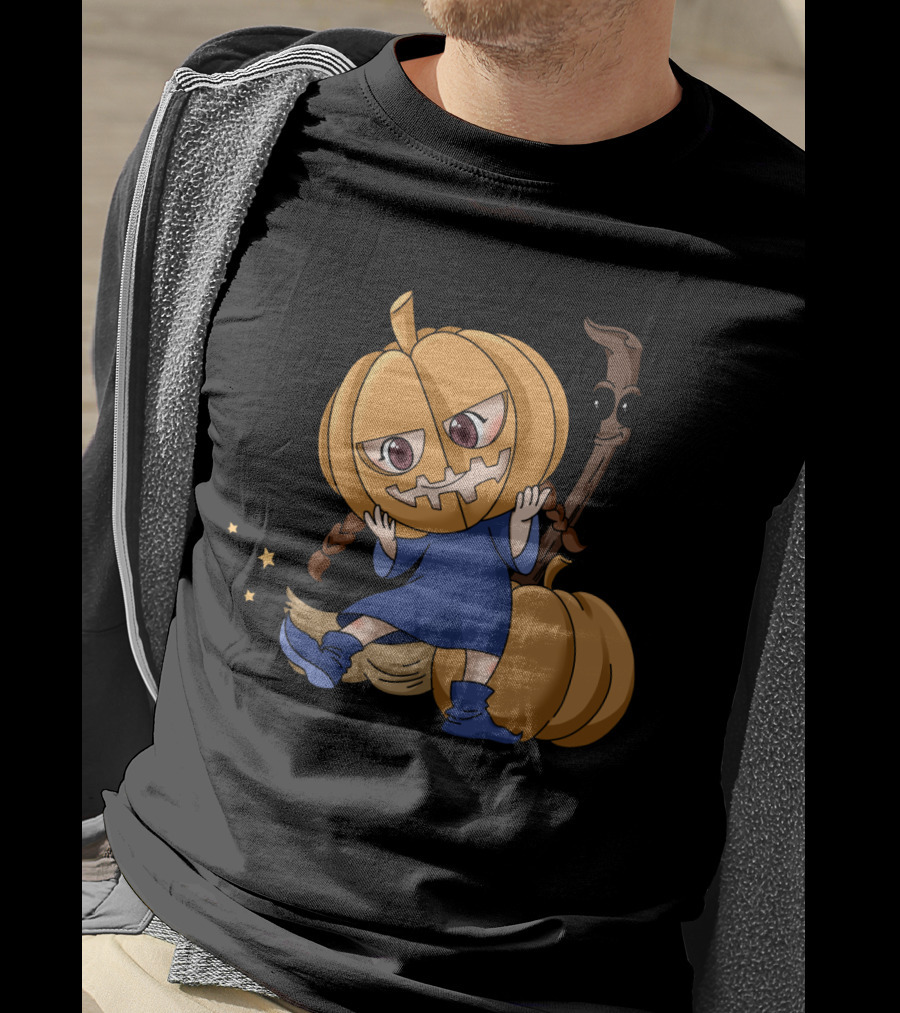 Halloween Cartoon Witch Girl With Pumpkin Head And Broomstick In Blue Dress T-Shirt