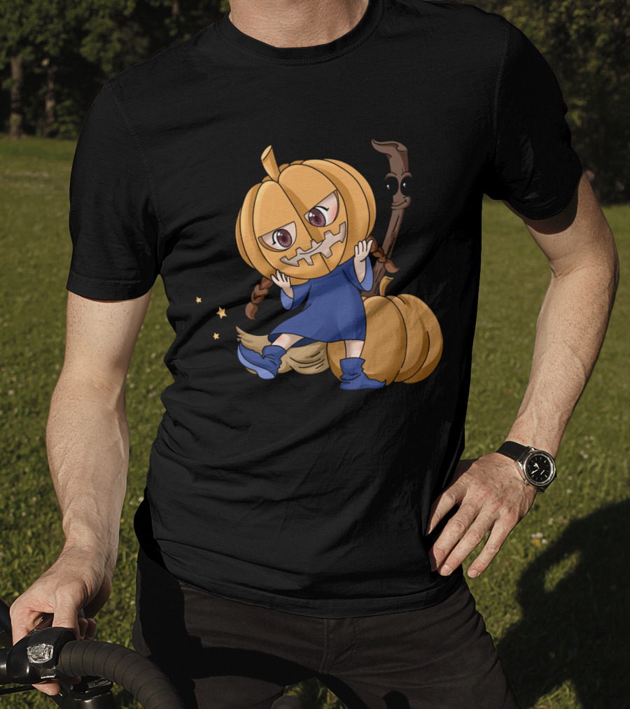 Halloween Cartoon Witch Girl With Pumpkin Head And Broomstick In Blue Dress T-Shirt