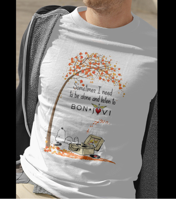 Snoopy Relaxing Under Autumn Tree Listening To Bon Jovi Vinyl Record T-Shirt