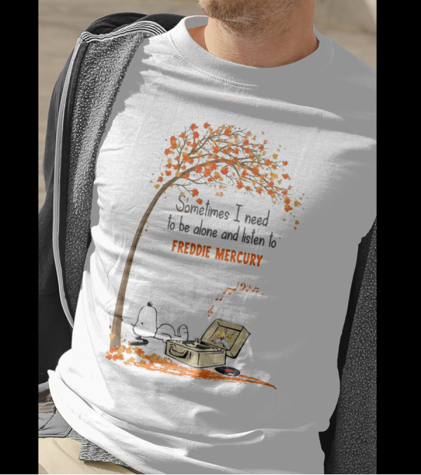 Snoopy Relaxing Under Autumn Tree Listening To Freddie Mercury Alone Vinyl Record Player T-Shirt