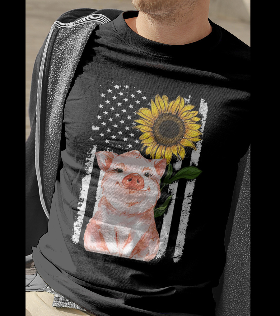 American Flag Sunflower Pig Vintage T-Shirt
