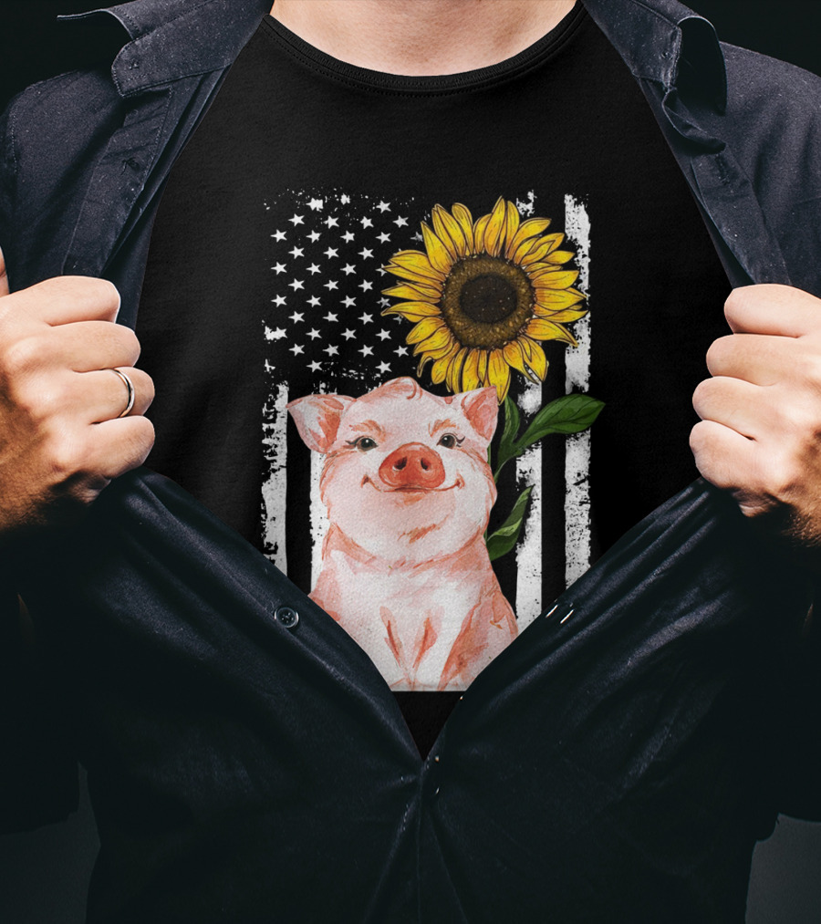 American Flag Sunflower Pig Vintage T-Shirt