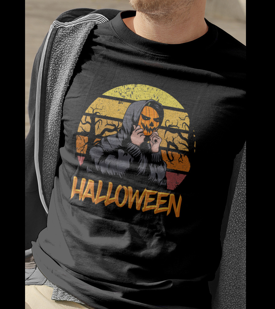 Halloween Hooded Figure With Pumpkin Mask And Sunset Stripes T-Shirt