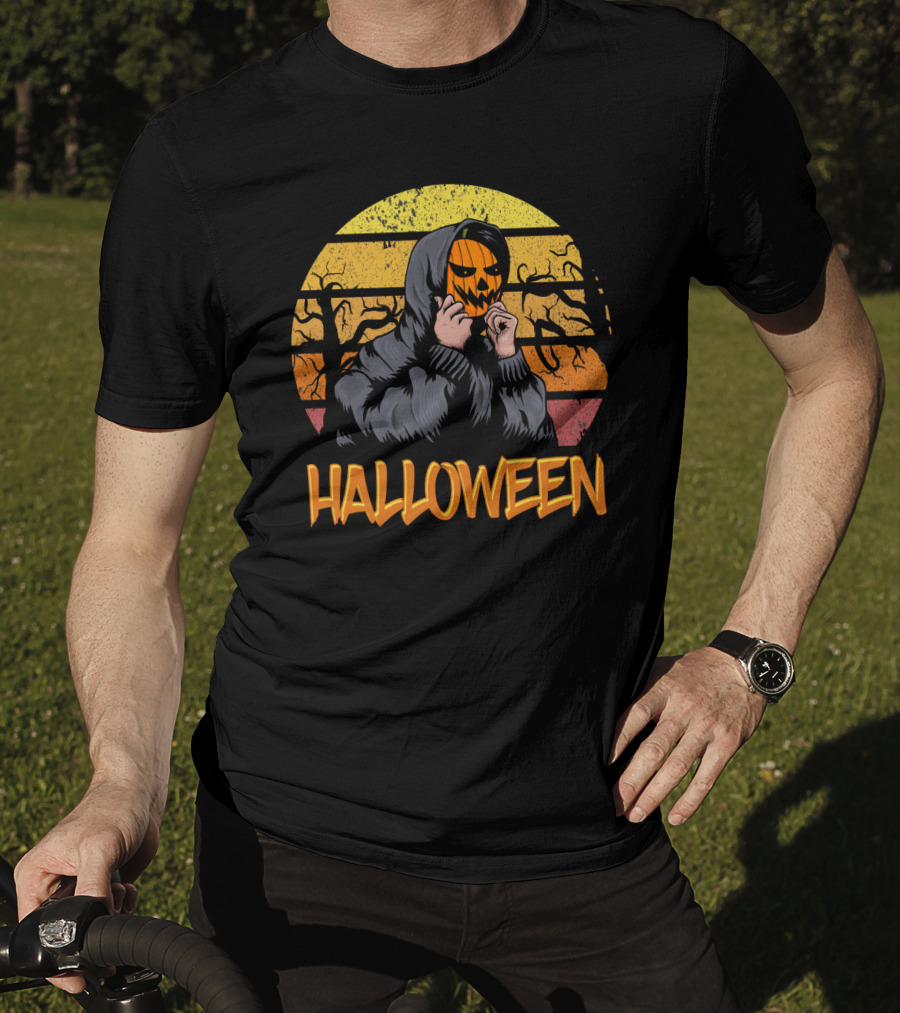 Halloween Hooded Figure With Pumpkin Mask And Sunset Stripes T-Shirt