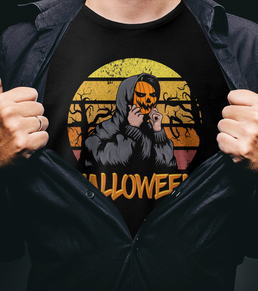 Halloween Hooded Figure With Pumpkin Mask And Sunset Stripes T-Shirt