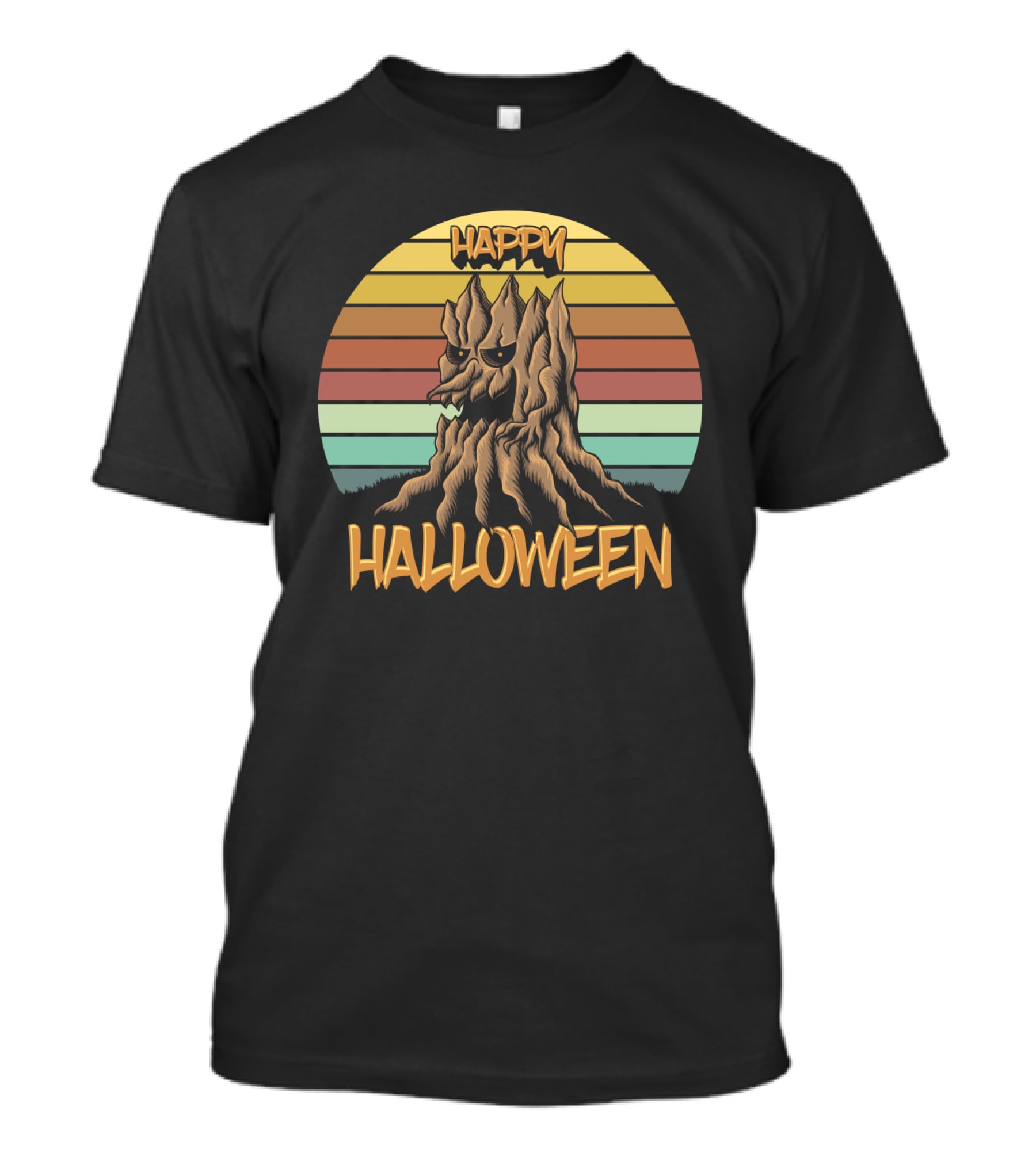 Happy Halloween Retro Wood Tree Vintage Stripes T-Shirt